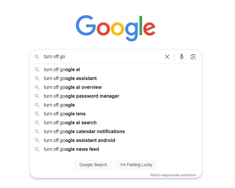 تکمیل خودکار Google برای یک درخواست: go را خاموش کنید. امتیاز برتر: هوش مصنوعی گوگل را خاموش کنید.