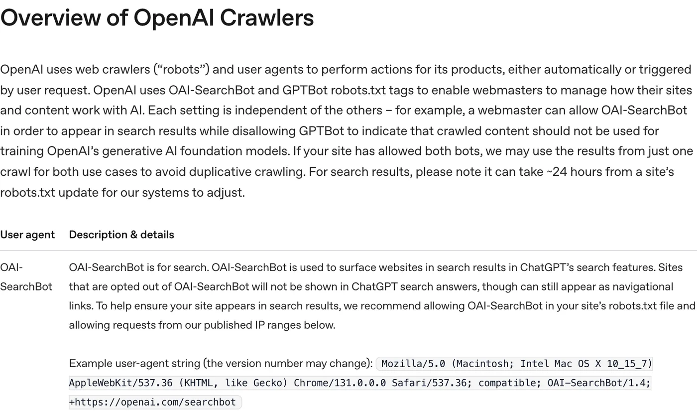 اسناد خزیدن OpenAI توضیح می دهد که OAI-SearchBot ظاهر را در جستجو با ChatGPT کنترل می کند و GPTBot به طور جداگانه کنترل می شود.
