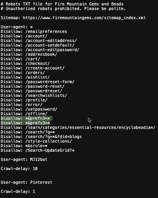 فایل robot.txt FireMountainGems.com. محدودیت های URL ارجاع برجسته شده است.