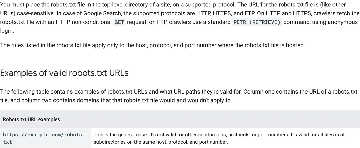 اسناد Google robots.txt که بیان میکند قوانین فقط برای میزبان، پروتکل و شماره پورتی که فایل در آن ارائه میشود اعمال میشود و برای سایر زیر دامنهها معتبر نیست.