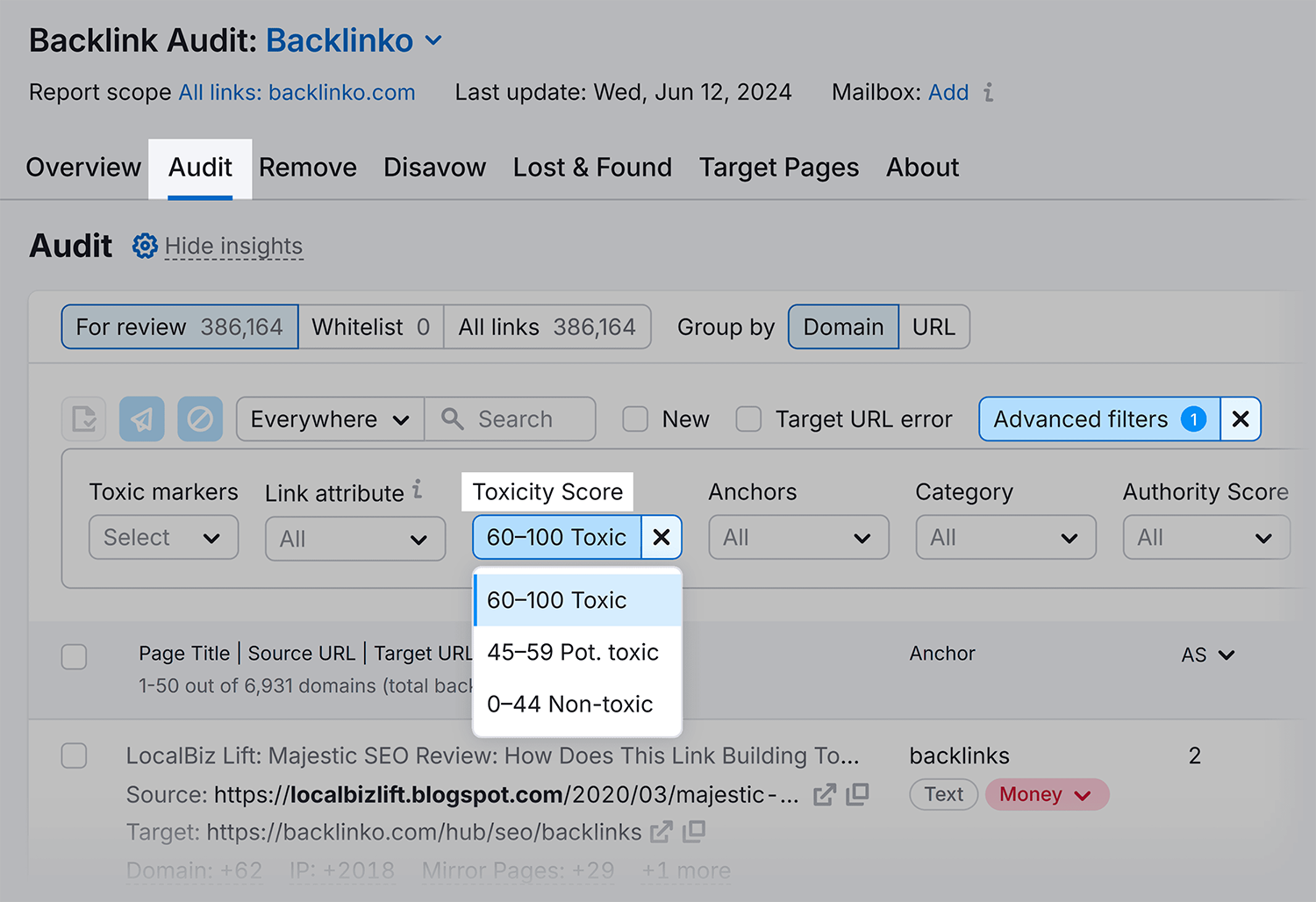 Backlink Audit – Audit – Toxicity Score filter