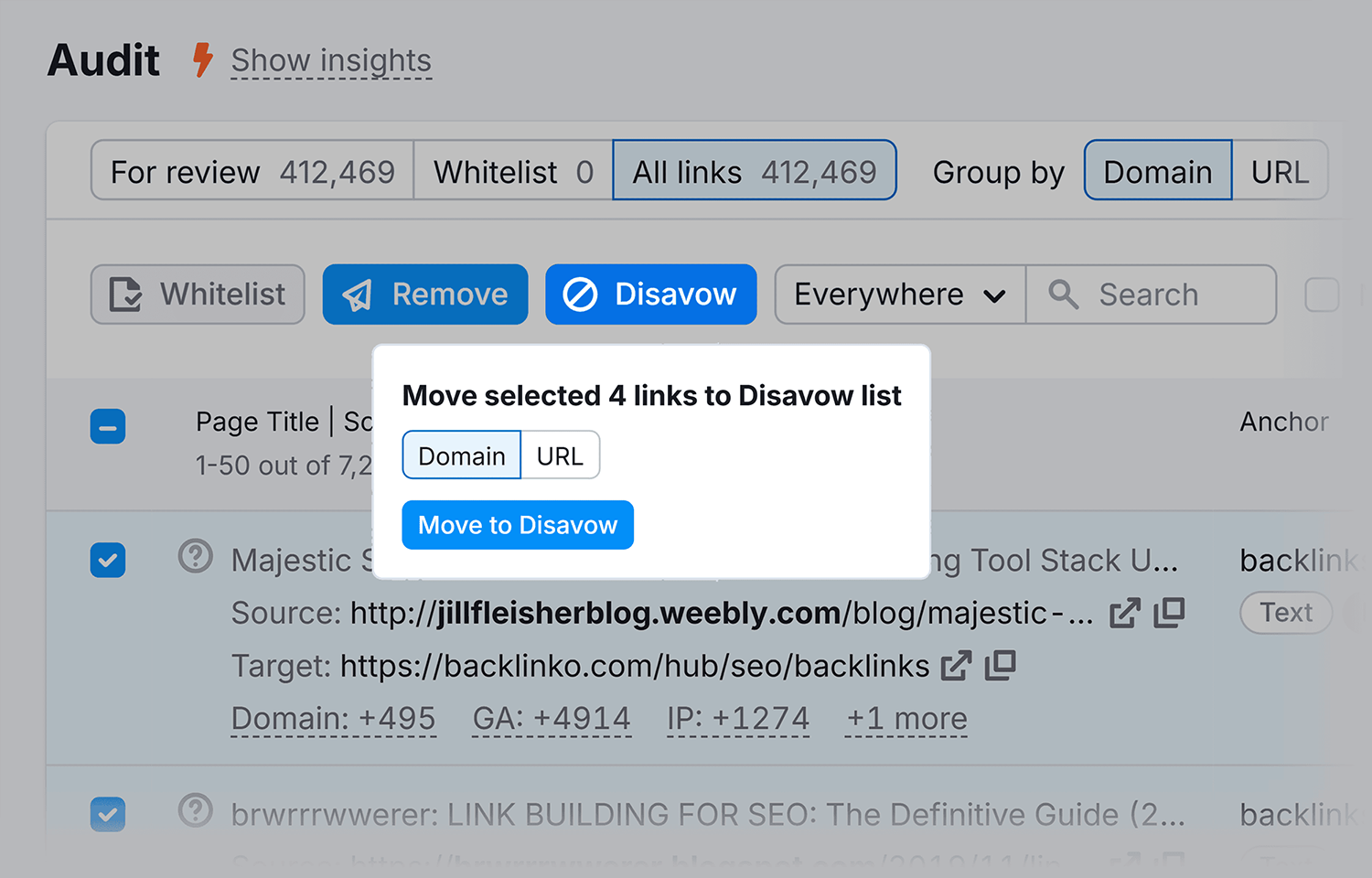 Backlink Audit – Select links to disavow