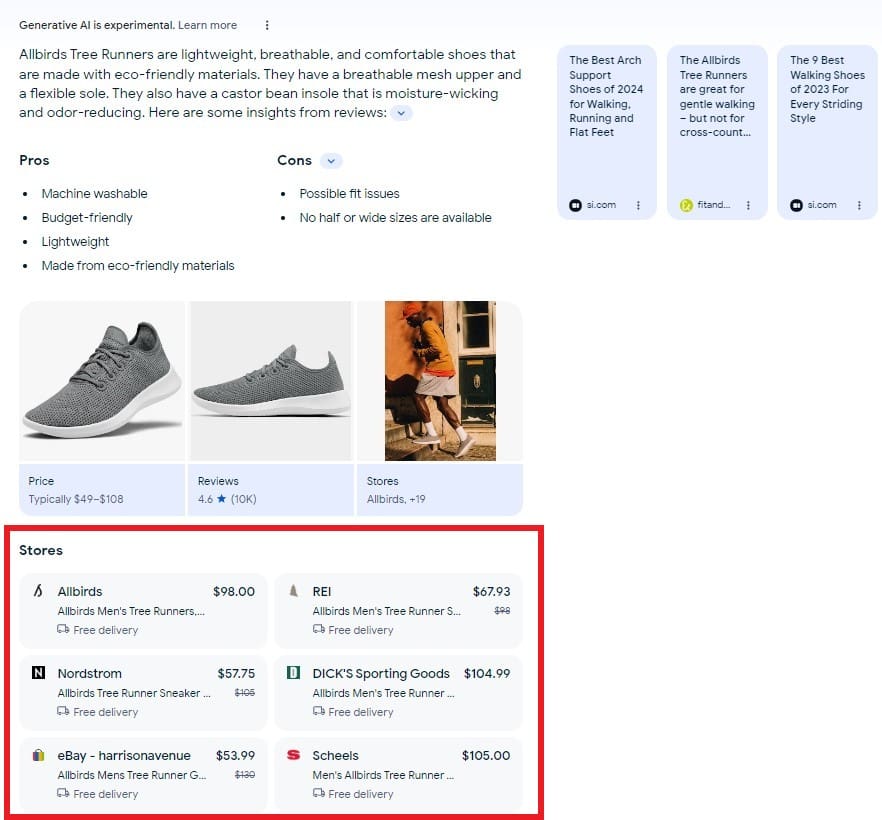 نتایج جستجوی Google Generative Experience برای Allbirds. فروشگاه های برجسته: Allbirds، RE I، Nordstrom، Dick's Sporting Goods، eBay و Scheels.