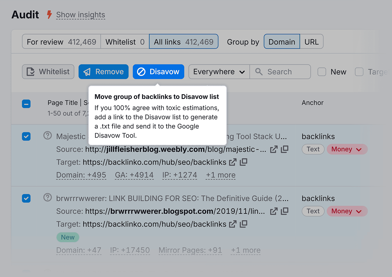 Backlink Audit – Move links to disavow