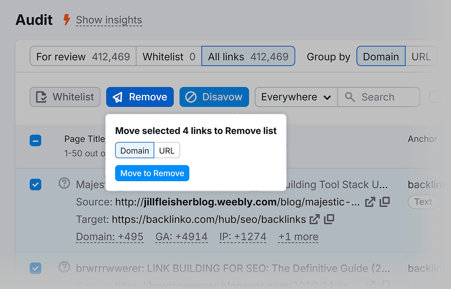 Backlink Audit – Move links to remove