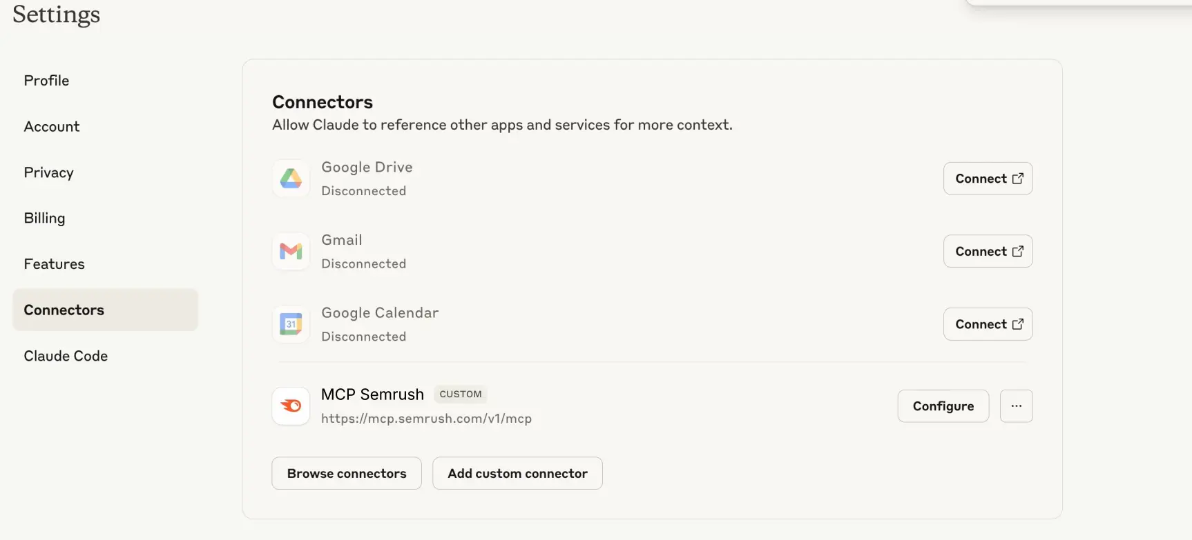 اسکرین شات کانکتورهای Semrush MCP